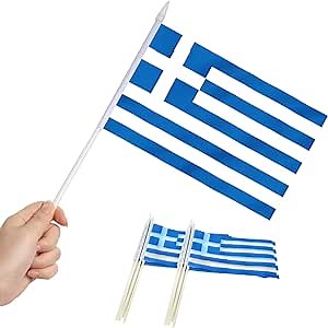 Anley Greece Mini Flag 12 Pack - Hand Held Small Miniature Greek Flags on Stick - Fade Resistant & Vivid Colors - 5x8 Inch with Solid Pole & Spear Top