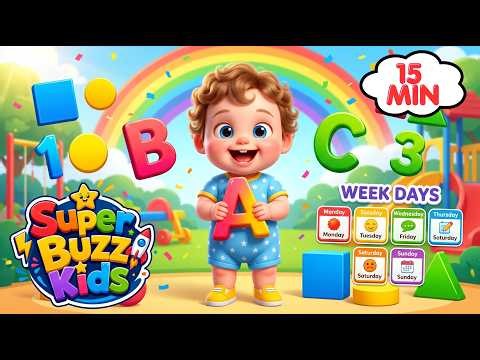 Kids Learning Songs: ABC, 123, Colors, Shapes + more | Educational 15 Min compilation| SuperBuzzKids