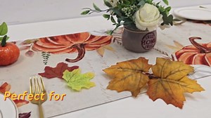 White Cotton Linen Table Runner - Maple Leaves Floral Pumpkin Pattern - Thanksgiving Rustic Vintage Fall Decor - 13x48 Inch