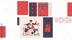 Live music performers bento grid animation. Jazz band, rock star drummer, guitarist. Musicians diverse people collage motion 4K video web design. Animated cartoon characters collection mood board