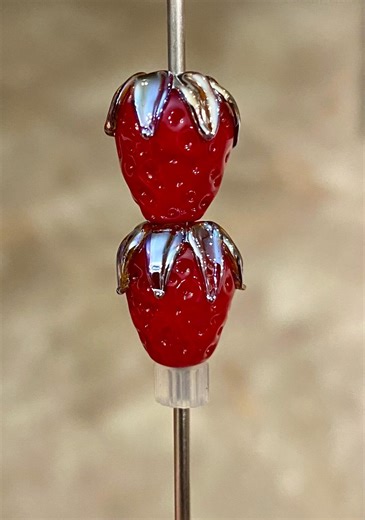 Lampwork Strawberry Beads: earring pair, silver glass leaves