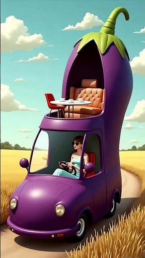 A surreal, cartoon-style purple car shaped like an eggplant. #driving #cute #funny #cartoon