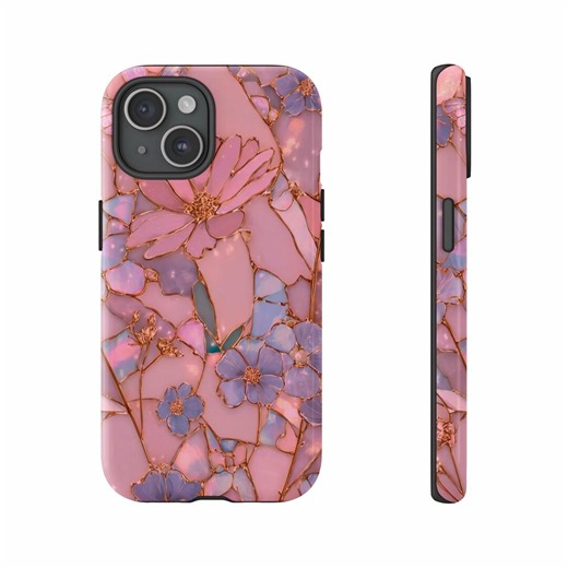 Stained Glass Butterfly Phone Case, Pink Purple Floral Design, Gold Outline Flowers, Pastel Aesthetic, Elegant Botanical Art, iPhone Samsung - Etsy