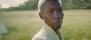 An artistic portrayal of a black albino model with white hair, captured in a green grass landscape under soft sunlight