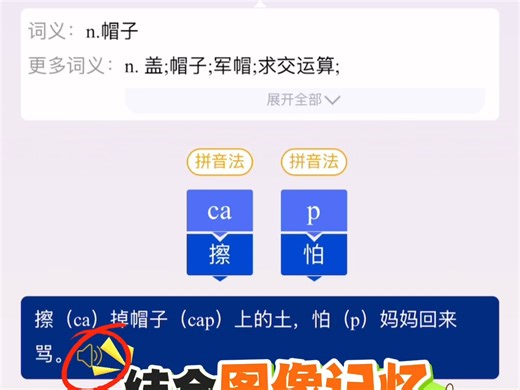 不抄不写，不死记硬背，7天记完一学期单词新人教(一起点)一年级上册cap：帽子5秒图像记忆法 :擦（ca）掉帽子（cap）上的土，怕（p）妈妈回来骂。