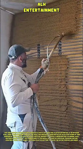 Building interior construction: Applying plaster to a wall heating pipe network using a sprayer