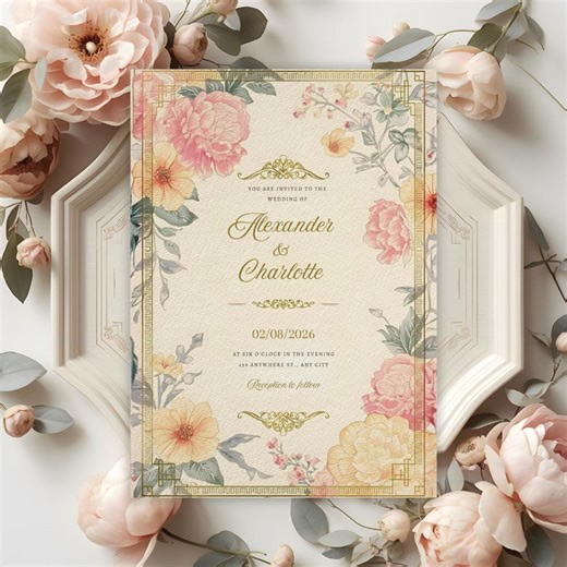 Asian Wedding Invitation Template 5x7, Chinese Inspired Floral Invite Editable Canva Template, Pink Gold Wedding Invitation Digital Download - Etsy