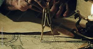 Cartographer taking measurements with compass on ancient map (( by Claude Auguste Berey-Library of Congress In the Public Domain)