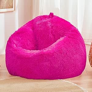 Hot Pink fluffy bean bag chair covers (No Filler), comfy Plush Hot Pink bean bag chair Cover for bedroom, stuffed animal Storage, kids adults teens girls bean bag chairs, Anti-Slip