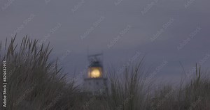 A lighthouses beacon shines in the night over the ocean, guiding seafarers with its light among coastal grasses