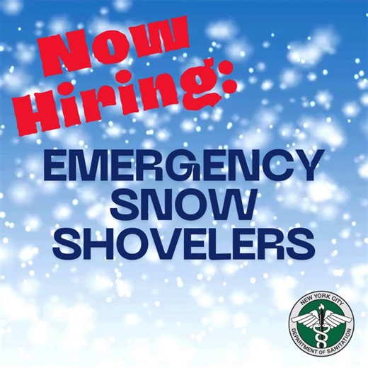 Now Hiring: Emergency Snow Shovelers! Register now to become an Emergency Snow Shoveler – help keep NYC moving after heavy storms by clearing snow from bus stops, crosswalks, hydrants & step streets. Pay starts at $19.14/hour. Get more info & register: http://nyc.gov/snow | New York City Department of Sanitation