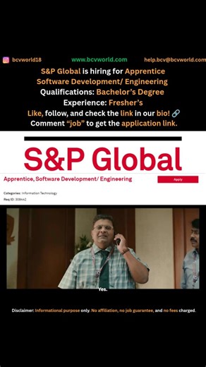 BCVWorld Jobs on Instagram: "Comment “JOB” to get the application link . . . . . . . . . . . . . . . . Check the link in bio for more details Don’t miss this off-campus opportunity – limited openings! Disclaimer: This post is shared for informational purposes only. We are not affiliated with S&P Global and do not guarantee jobs or selection. No fees are charged at any stage of the recruitment process.Always apply through the official company website. #SPGlobalJobs #FreshersHiring #ITJobsForFresh