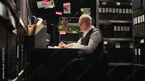 Investigator reading statements to connect the dots in solving crime, using confidential forensic reports. Senior officer working on criminal case with incriminating proof, secret mission.