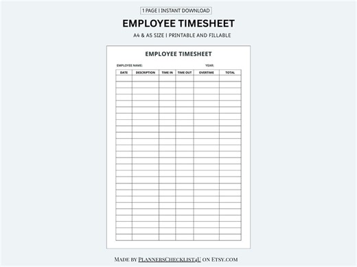 Employee Timesheet Printable – Work Hours Tracker - Etsy Australia