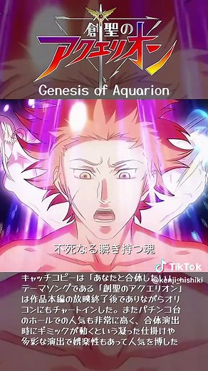 『創聖のアクエリオン』（そうせいのアクエリオン、Genesis of Aquarion）は、日本のSFロボットアニメ。テレビ東京ほかの深夜枠にて2005年4月から9月まで全26話が放送された。 あらゆる感情をエネルギーに変換して発する数々の必殺技と、司令官・不動GENの発言の数々や印象的な主題歌を残した作品である。原作無しの深夜アニメとしては異例の、2万円以上の値段設定となる超合金が放送中に発売された。 凝った変形合体メカや臨場感溢れる戦闘演出など、『マクロスシリーズ』で知られる河森正治の作風を随所に感じさせる作品。生まれや立場の異なる者達が理解し合い、心を通わせることを主題としたストーリーも河森ならではであり、「合体」という言葉に本作品のテーマとも言える意味を付加している。毎回、作中での「創聖合体」場面にて、性行為におけるオーガズム描写を想起させる演出を意図的・効果的に盛り込み、話題を呼んだ。 2007年11月には、パチンコ台『CRフィーバー創聖のアクエリオン』がリリース。当時オリジナル新作深夜アニメを題材としてパチンコ台が作られる事は異例であった。またこの台のTVCMやパチンコの影