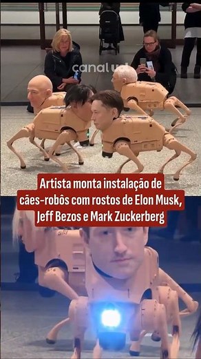 Artist creates installation of robot dogs with the faces of Elon Musk, Jeff Bezos, and Mark Zucke...