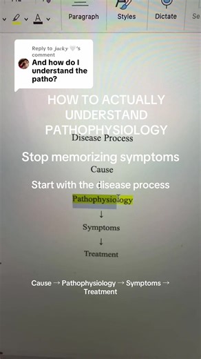Replying to @𝒋𝒂𝒄𝒌𝒚 🤍 Most nursing students struggle with pathophysiology because they try to memorize symptoms first. Instead, start by asking: What is happening in the body? When you understand the cause and mechanism, the symptoms and treatments start to make sense. Cause → Pathophysiology → Symptoms → Treatment Follow if you’re in nursing school. #nursingstudent #nursingschool #studytips #nursingstudy #studyandstackRN