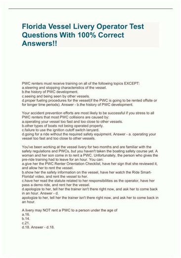 Florida Vessel Livery Operator Test Questions With 100 Correct Answers