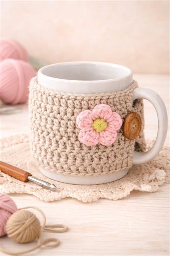 Crochet Mug Cozy Pattern | Flower Applique Coffee Cup Sleeve (PDF Pattern) - Etsy