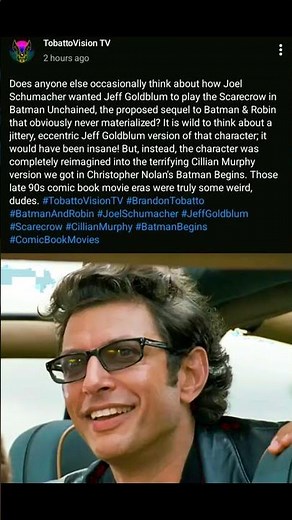 #TobattoVisionTV #BrandonTobatto #BatmanAndRobin #JoelSchumacher #JeffGoldblum #Scarecrow