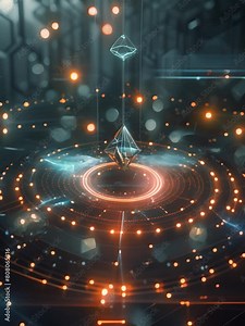 This captivating digital art rendering depicts an advanced acoustic levitation device suspending a small object in mid air through the intricate circular array of sound transducers Glowing energy