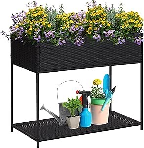 JSUN7 Raised Garden Bed with Legs - Wicker Elevated Garden Bed Outdoor with Removable Liner & Tool Storage Shelf, Rattan Elevated Planter Box for Vegetables Flowers Herbs Patio, Black