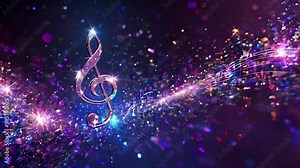 Music Background: Shiny musical notes flowing on a 3d black background, AI