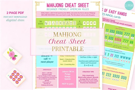 Mahjong Cheat Sheet Printable | American NMJL Style | Easy Hands & Rules Reference PDF| Mahjong Beginner | Game Night Gift | 2 Page Guide - Etsy