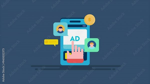 In app purchase, display ads on mobile application e-business strategy, interactive advertising on smartphone screen video animation concept.