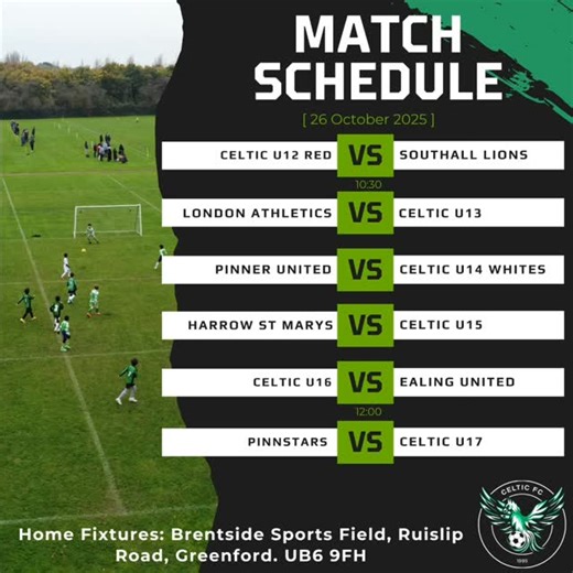 Happy Saturday Evening all Sunday provides a stacked set of fixtures across all age groups. As always good luck to all teams who are playing this weekend. Remember every game counts, come down and watch your kids and family members showcase their skills. All the home games at Brentside playing fields and have their kick off times included. Tell your friends and family about our great club and bring them down to Brentside playing fields to see some amazing games, wonderful goals, brilliant tackle