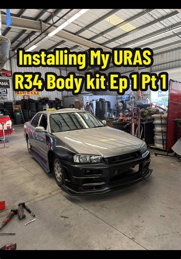 Installing my URAS SUPERWIDE kit on my 4 door R34 Skyline!!! 😈🔥 this is the best body kit on my opinion! 😮‍💨 . #carenthusiast #r34 #carguys #jdmcarsoftiktok #jdm