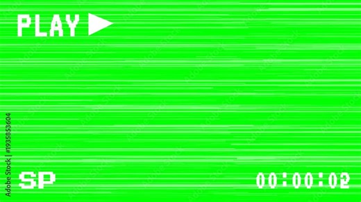 retro VHS playback effect overlaid onto a bright chroma key green background, complete with static white tracking lines, a classic play indicator, and a continuous running clock