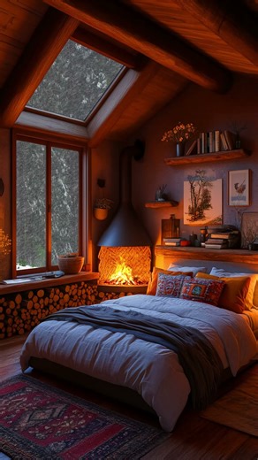Cozy Snowy Cabin Bedroom ❄️ Fireplace & Peaceful Winter Escape #logcabin #cozyvibes #snow