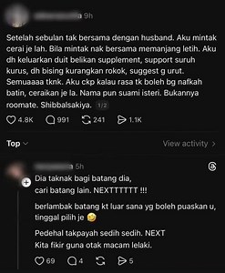 Foyooo.. Dasyat betul komen kat thread ni Tak dak tapis tapis. Haha.. Berdetum bagi komen. Perempuan tau.. Sebenarnya isteri tak nak pun b*tang lain Isteri nak suami berubah ja. .. Seperti mana perempuan malas melayan suami.. Ramai aiih suami yg malas melayan isteri.. Kalu hangpa ada thread, bole p bc kt situ macam macam la luahan pasal hubungan kelamin ni.. Punca lemah ni. Mungkin makan tak jaga Senaman pun malas, Kuat merokok Stress kerja bagai, Pun membuat Suami tak dak nafsu dah.. Isteri dh 