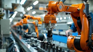 An industrial robot working alongside human operators, highlighting collaboration between technology and labor