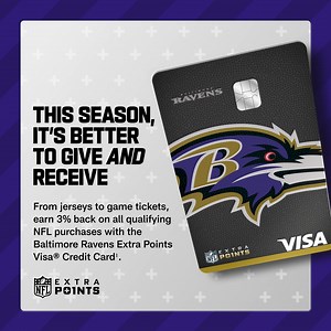 Make every gift a win this holiday season. Earn 3% back on qualifying NFL purchases with the Baltimore Ravens Extra Points Visa® Credit Card¹. | NFL