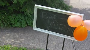Bar mitzvah sign outside, celebration