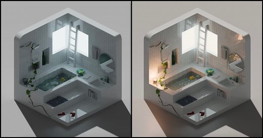 Japanese-Style 3D Bathroom Diorama Created With Blender