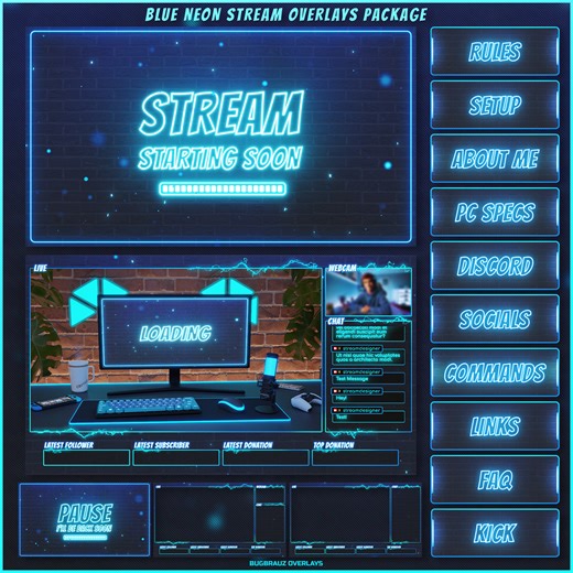 BLUE NEON STREAM OVERLAYS PACK ( FREE) - Michail Brauz
