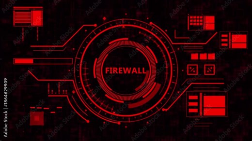 firewall security hud animation.High-tech dashboard interface displays a firewall breach alert, showing unauthorized access, digital threat indicators, and cybersecurity warning signals