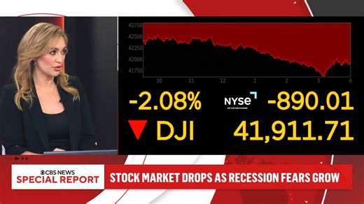 129K views · 1.1K reactions | U.S. stocks cratered Monday amid growing U.S. economic concerns and after President Trump declined to rule out a recession that investors worry could be triggered by his aggressive trade policies. https://www.cbsnews.com/news/stock-market-down-investors-fret-impact-of-trump-policies-2025/ | CBS News | Facebook