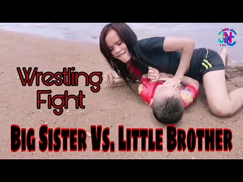 Big Sister Vs. Little Brother Wrestling Fight in the Beach | Big Sister and Little Brother Fighting