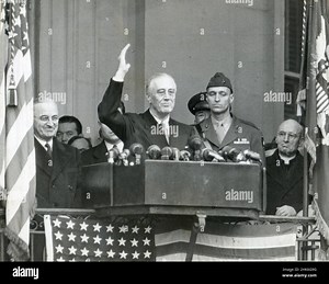 January 20, 1945, Washington, DC - Franklin Delano Roosevelt shown just after taking his 4th Oath of Office. The ceremony only lasted 15 minutes. Vice-President Harry Truman is on the left and Roosevelt's son James stands next to his father, Washington, DC Stock Photo - Alamy