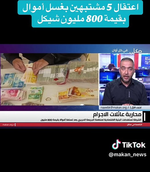 اعتقال 5 مشتبهين بغسل أموال بقيمة 800 مليون شيكل التفاصيل مع مراسلنا نجيب قزل
