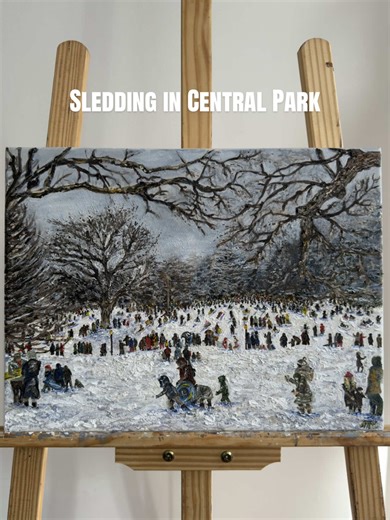 ‘Sledding in Central Park’. Painted after the January 25 snowstorm, when New York slowed down & play took over. More on Substack. Painting lives on my site. 🩵 (Links in bio) #nycartist #centralpark #oilpainting #contemporaryart #snowstorm
