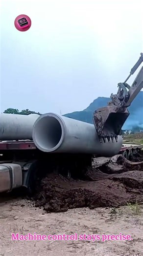 EXCAVATOR PIPE UNLOADING 😳 smooth heavy concrete handling #shorts #construction #machines