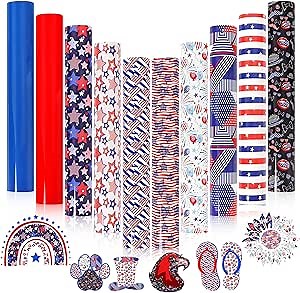 4th of July HTV Vinyl Bundle: Patriotic Heat Transfer Vinyl Red White Blue HTV Iron on Vinyl 10 Pack 12x10 Inch American Flag Pattern Sheets for Cricut