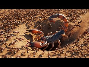 An Epic Fight! The scorpion defending its hole from a swarm of ants