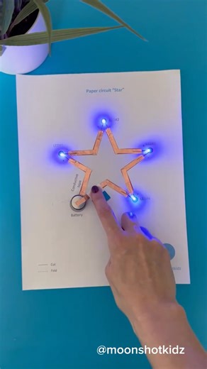 DIY electronics, stem and science activities for beginners on Instagram: "DIY “Star”. Easy and fun paper circuit for beginners. You will need: - 4 LED diodes - Conductive copper tape - 2 Coin cell battery 3v (CR2032) - Paper Warning: this project should be done under adult supervision. ©️ @Moonshotkidz – All rights reserved. Reproduction, distribution, or use of this artwork and video without permission is prohibited. For licensing inquiries, contact Moonshotkidz@gmail.com"