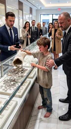 A barefoot boy slipped into a luxury jewelry store, threadbare clothes and dusty feet. He didn’t steal—he emptied thousands of coins onto the glass counter. | Proud Peenoise